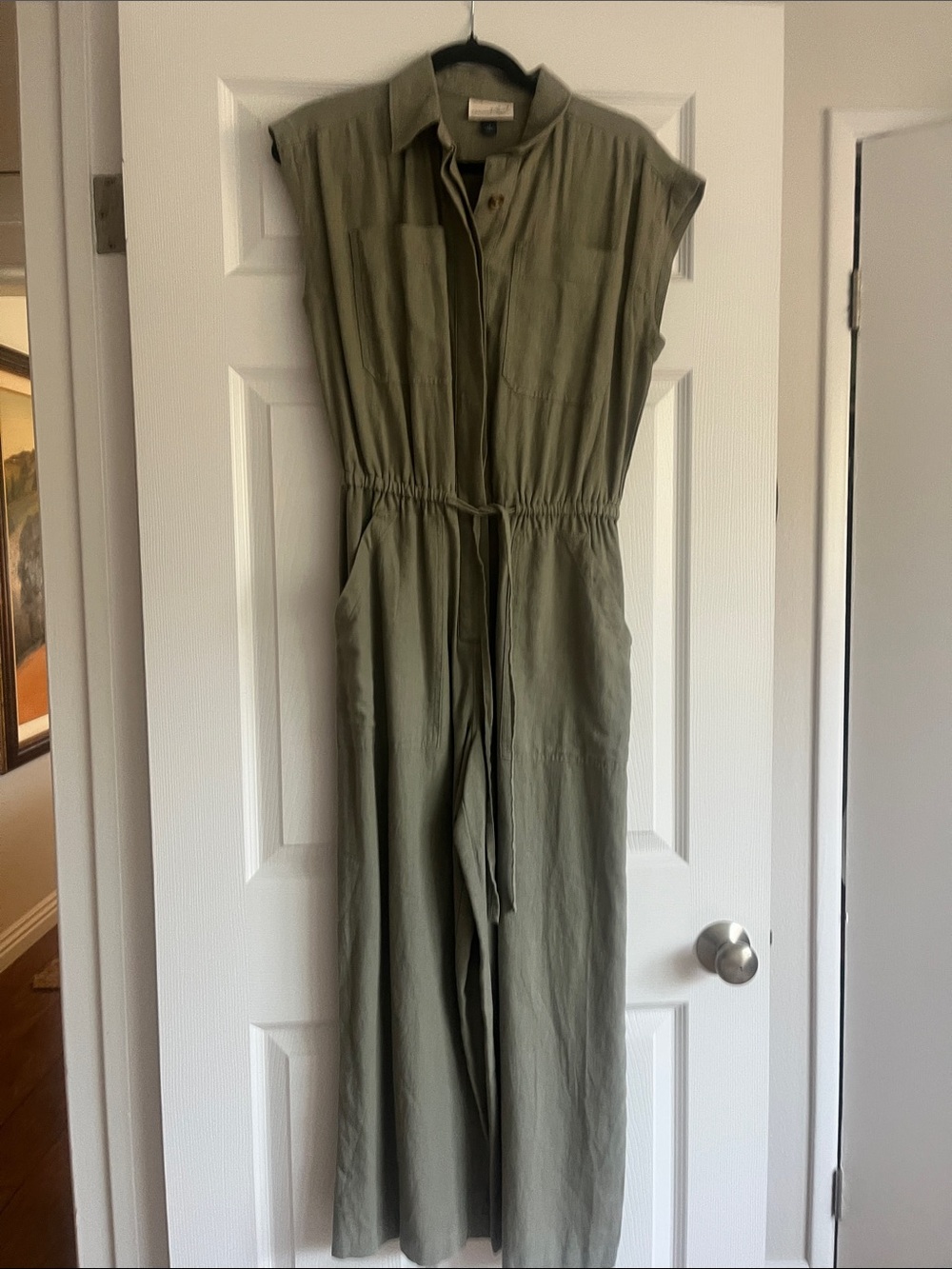 Relaxed Olive Button-Front Utility Jumpsuit with Drawstring Waist